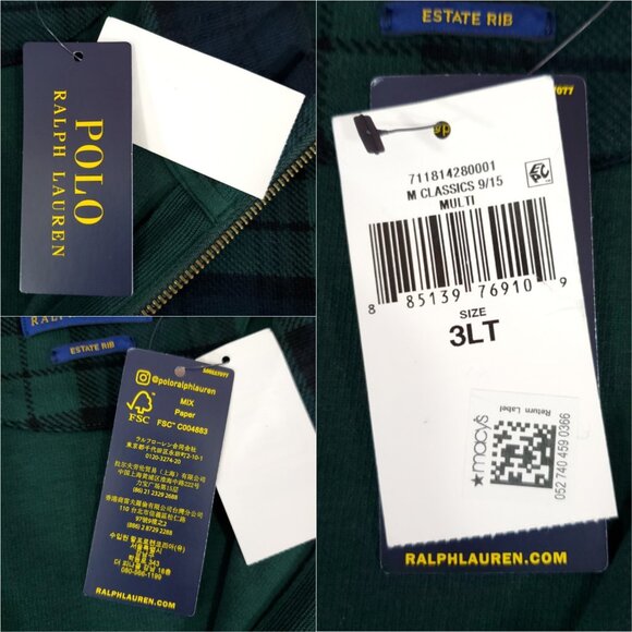 NWT Polo Ralph Lauren Estate Rib Mens 3XLT 1/4 Zip Green Tartan Plaid Sweater - Picture 8 of 15